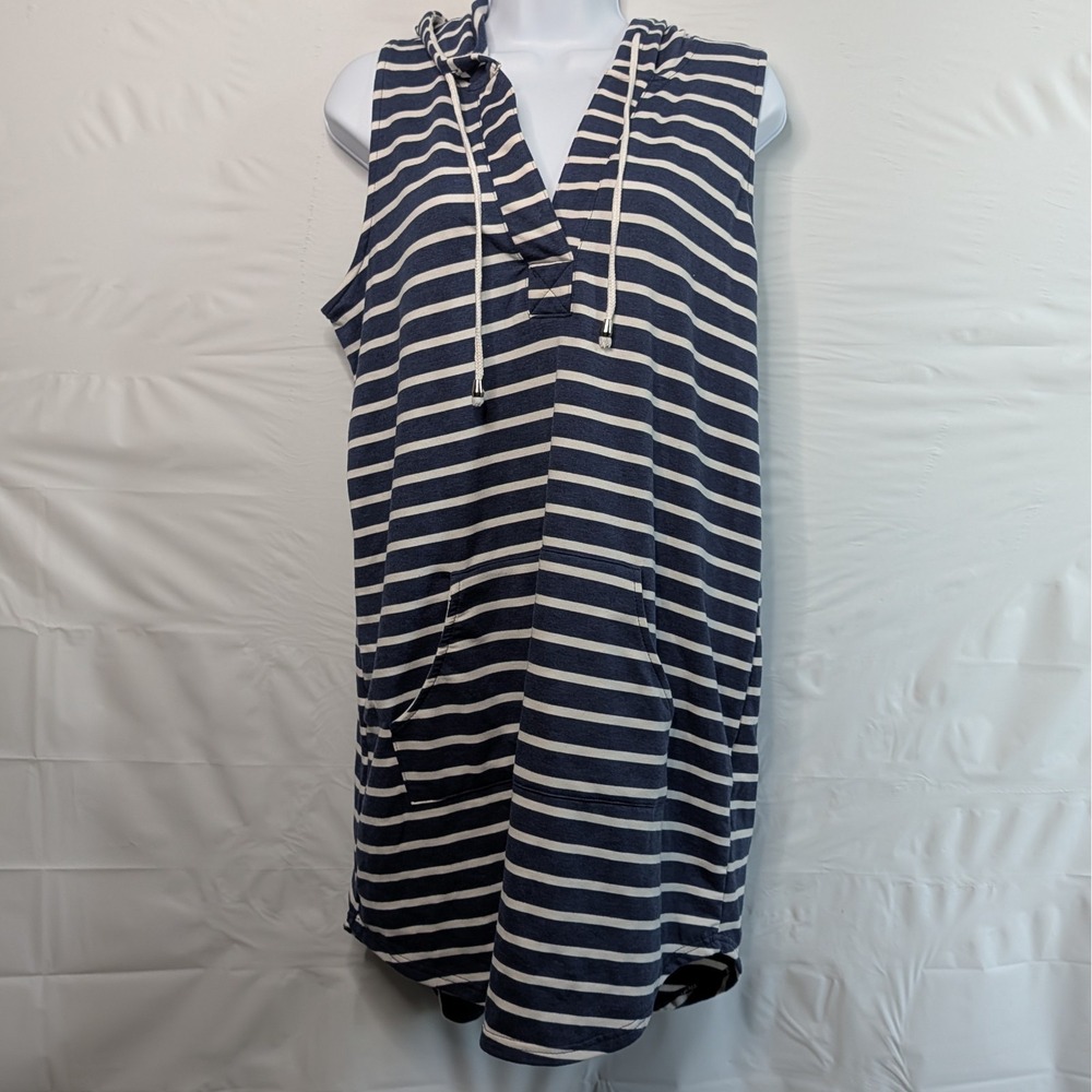 Beach By Exist Womens Large Blue Stripe Cover Up Hoodie Tunic Dress Patriotic